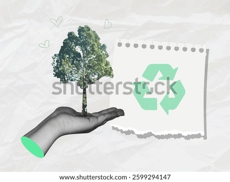 World Environment day, A hand showing a green tree, Collage art, Earth lies in a human hand. Earth day.