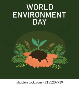World Environment Day. Hands holding a plant with soil.  Vector illustration