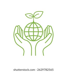 World Environment Day hands holding the Earth with a young plant. Eco-friendly design symbol sustainability, nature protection, global care and environmental responsibility, Vector illustration