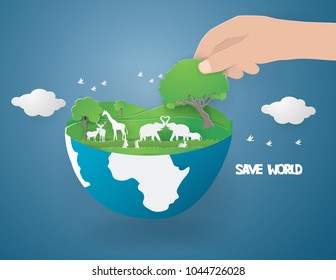 world environment day. Hands are planting trees in the forest with animals,paper craft  and illustration.