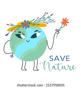 World environment day. Happy Earth Day! Ecology, recycle, zero waste vector illustration. Eco badges with girl, nature plant. Design for shopping bag, t-shirt, apparel, clothes, banner. Save planet.