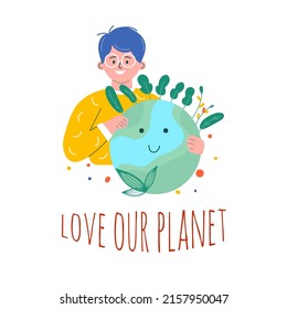 World environment day. Happy Earth Day! Ecology, recycle, zero waste vector illustration. Eco badges with girl, nature plant. Design for shopping bag, t-shirt, apparel, clothes, banner. Save planet.
