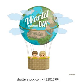 World Environment Day. Happy kids on the planet flying in a balloon. Colorful banner for advertising brochures on environmental issues. Vector illustration
