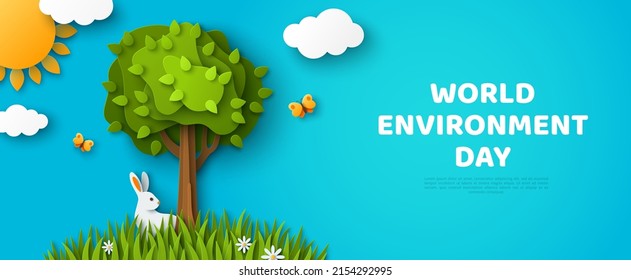 Cabecera del Día Mundial del Medio Ambiente. Hermosa nube esponjosa, fondo azul del cielo, sol de verano, mariposa, césped verde, árbol cortado de papel. Ilustración vectorial. Diseño de banners ecológicos, concepto de ecosistema