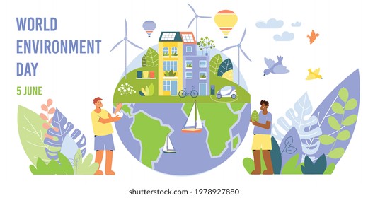 World environment day horizontal banner card with images of alternate energy sources with people and text vector illustration