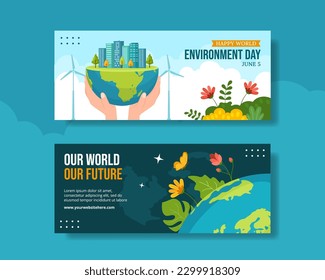 World Environment Day Horizontal Banner Cartoon Hand Drawn Templates Background Illustration