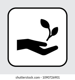 World environment day. Human hand holding plant, sprout. Black silhouette icon. Vector illustration