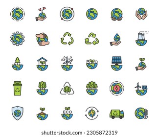 World Environment Day icon set. Nature Renewable Energy Icons. Eco Friendly. Earth Day Ecology Outline Vector Icon Illustration Sign ,Environment , Save Energy, Eco