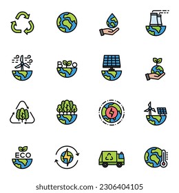 World Environment Day icon set. Nature Renewable Energy Icons. Eco Friendly. Earth Day Ecology Outline Vector Icon Illustration Sign ,Environment , Save Energy, Eco