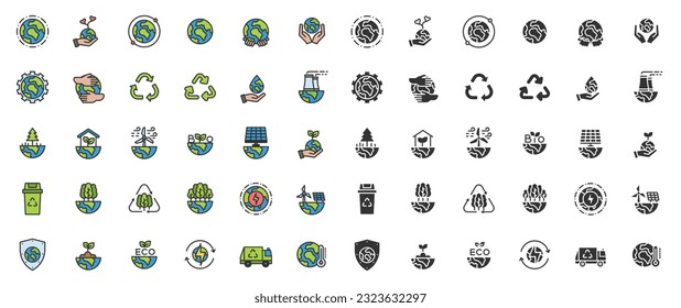 World Environment Day icon set. Nature Renewable Energy Icons. Eco Friendly. Earth Day Ecology Outline Vector Icon Illustration Sign ,Environment , Save Energy, Eco