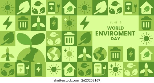 World Environment Day illustration background for web template, landing page with geometric nature mosaic