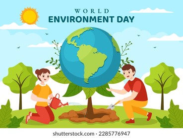 World Environment Day Illustration with Green Tree and Animals in Forest for Save the Planet or Taking Care of the Earth in Hand Drawn Templates