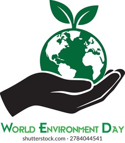 World environment day illustration with a green globe held in a hand and two leaves on top, symbolizing nature conservation and ecological sustainability