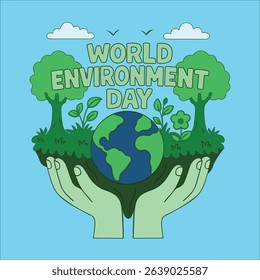 World Environment Day Illustration – Hands Holding Earth with Green Trees and Nature Elements on Blue Background
