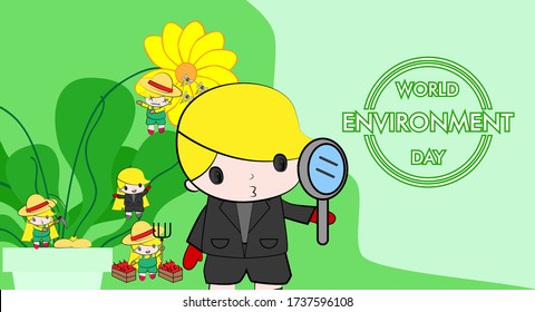 World Environment Day illustration of happy people playing with green plant and yellow flower. Social awareness concept for nature conservation event.