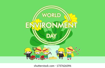 World Environment Day illustration of happy people playing with green plant and yellow flower. Social awareness concept for nature conservation event.