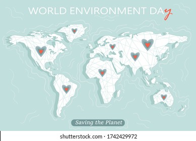 World Environment Day. Illustration of a Map of the earth with outstretched thread and hearts. Happy Earth Day. Vector flat cartoon illustration.