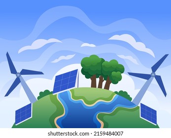 World Environment Day Illustration Vector With Green Earth And Green Energy.
Renewable energy sources to save the earth concept.
Can be used for poster, banner, social media, print, campaign, etc