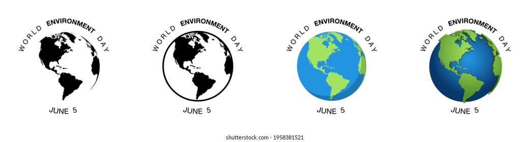 World Environment Day. June 5. Earth Globe in different designs. World Map in circle. Earth Globes collection. World Map in modern simple styles. Earth Map, isolated on white background. Vector