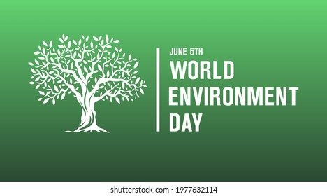 world environment day june 5th  modern creative banner, sign, design concept, social media template  with white text and tree icon  on a green abstract background 