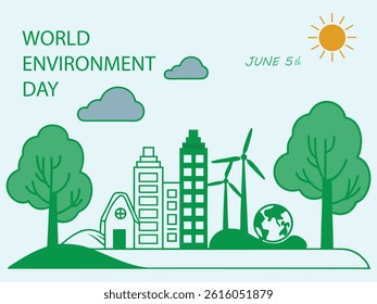 World Environment Day June 5th green city scene with trees, wind turbines, buildings, and globe illustration. Promotes sustainability, clean energy, and eco-friendly urban development awareness.