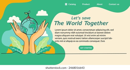 World environment day Let's Save The World Together for web banner, poster with earth and hands. One continuous line drawing	
