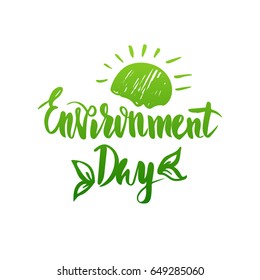 World Environment Day lettering with green earth. Hand drawn vector illustration, design, elements, greeting card, logo