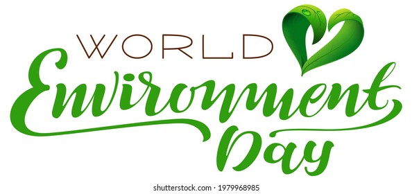 World environment day lettering text for greeting card with green heart shape from leaves. Vector illustration isolated on white