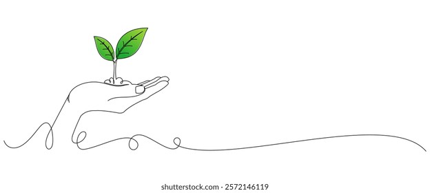 World Environment Day line art style. hand with growing plant in simple linear style. Line vector elements