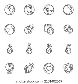 Conjunto de iconos de línea de día del entorno mundial, colección de símbolos de vector de contorno, paquete de pictogramas de estilo lineal. Señales, ilustración del logotipo. Set incluye iconos como protección de la ecología, cuidado del planeta, globo terrestre, paloma