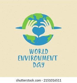 World Environment Day logo for 5th of June. Hands show the heart. Planet on the craft background. Global earth. Ecology theme.