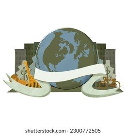 World environment day logo with earth, animals, tree and buildings