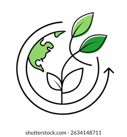 World environment day logo with earth with leaves and arrow. Continuous One line drawing. Poster, banner, background. Vector illustration.