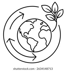 World environment day logo with earth with leaves and arrow. Continuous One line drawing. Poster, banner, background. Vector illustration.
