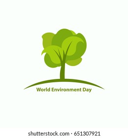 World environment day logo. Green flat cartoon tree on curved line with text isolated on white. Vector illustration. Eco card. Eco friendly logo.