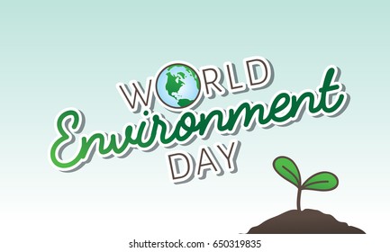 World Environment Day Logo Headline Banner with Growing plant. Calligraphy text. Clean Background. Vector isolated illustration.