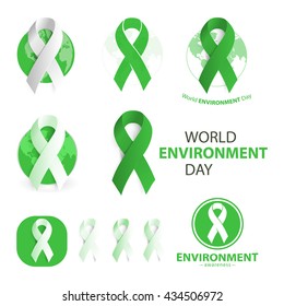 World environment day logos set. Green logotypes collection. Ecological ribbon.