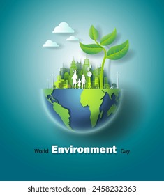 World Environment Day with world map globe and city background. International environmental day protection for green city. Ecology, Nature, Global, ecology concept. Vector Illustration for smart city.