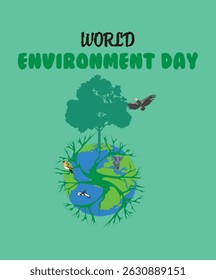 World Environment Day with world map globe and  animals, wildlife background. Save the world and save oxygen. 