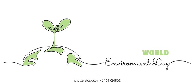 World Environment Day minimal banner template with one line art abstract tree sprout drawing growing on earth. Vector illustration.