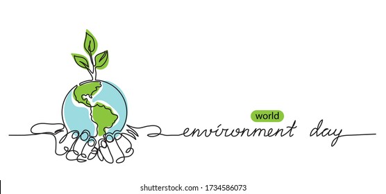 World environment day minimalist vector background with earth in hands and plant. One continuous line drawing. Poster, banner, background with lettering environment day. - Shutterstock ID 1734586073