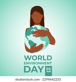 World environment day minimalist vector faceless illustration. The woman hugs the earth. Poster, banner, card with the inscription day of the environment. EPS 10