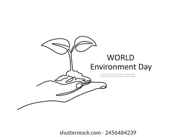 World environment day minimalist vector background with earth in hands and plant. One continuous line drawing. Poster, banner, background with lettering environment day.