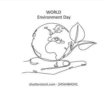 World environment day minimalist vector background with earth in hands and plant. One continuous line drawing. Poster, banner, background with lettering environment day.