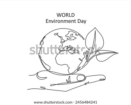 World environment day minimalist vector background with earth in hands and plant. One continuous line drawing. Poster, banner, background with lettering environment day.