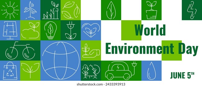 World Environment Day, modern ecology geometric nature banner. Set of line icons in flat minimalist style. For flyer, poster, cover, web site, presentation. Sustainability, recycle, renewable energy.