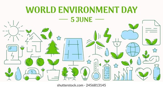 World Environment Day, modern ecology nature banner. Set of line eco icons in flat minimalist style. For flyer, poster, cover, web, presentation. Sustainability, recycle, renewable energy.