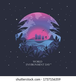 World Environment Day. World Oceans Day. Saving the planet. Vector illustration inspired by 80s disco music, 3d background, neon, ecology, our world and oceans, underwater world at sunset. 