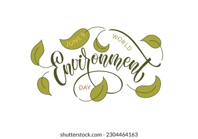 World Environment Day on June 5 handwritten text and green leaves, modern brush ink calligraphy, hand lettering typography isolated on white background. Vector illustration for poster, banner, card 