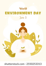 World Environment day on June 5 concept. Vector illustration in flat cartoon style with a girl holding sprout in her hands. Perfect for poster, banner, card, flyer and so on. Caring for nature